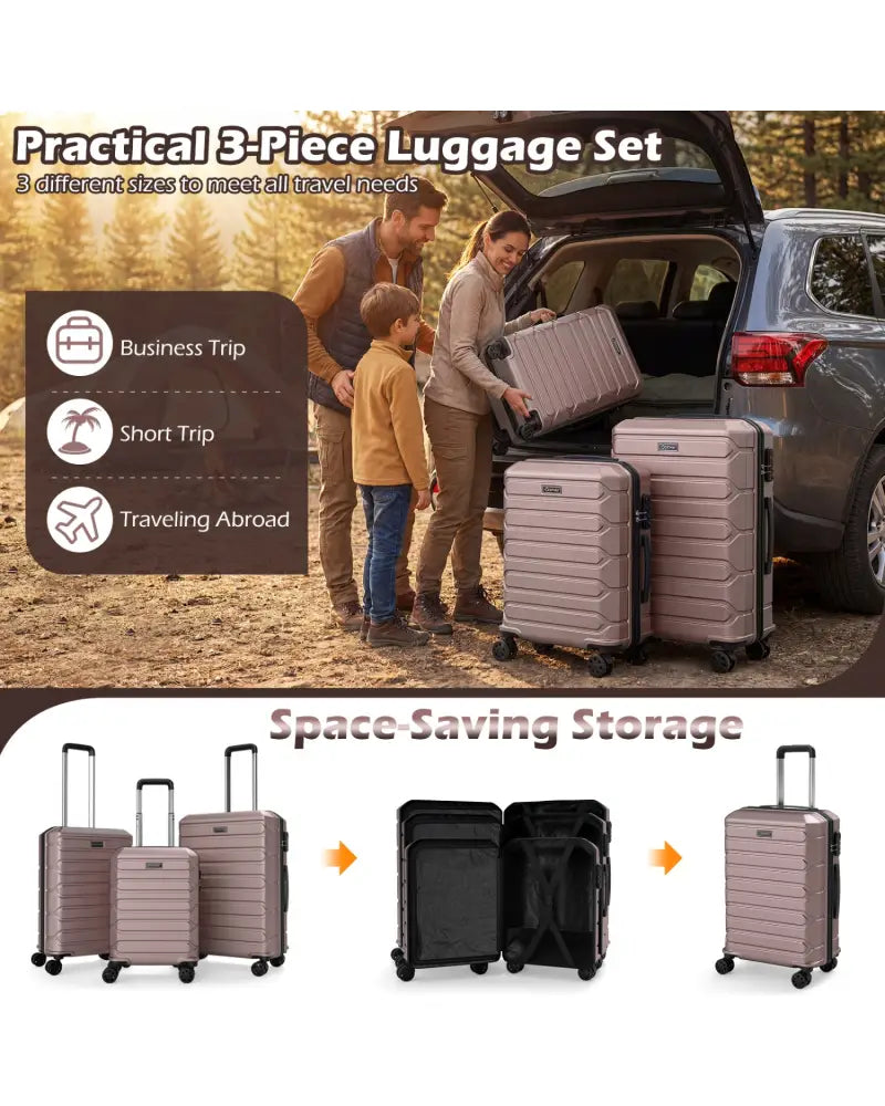 3-Piece Hardside Luggage Set Lightweight Hardside Suitcases with 8-Spinner Wheels-Pink - Pink - Camping