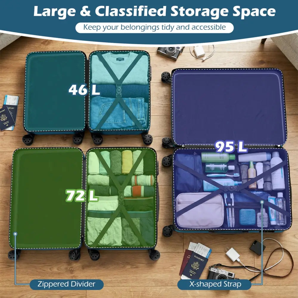 3-Piece Hardside Luggage Set Lightweight Hardside Suitcases with 8-Spinner Wheels-Blue - Blue - Camping
