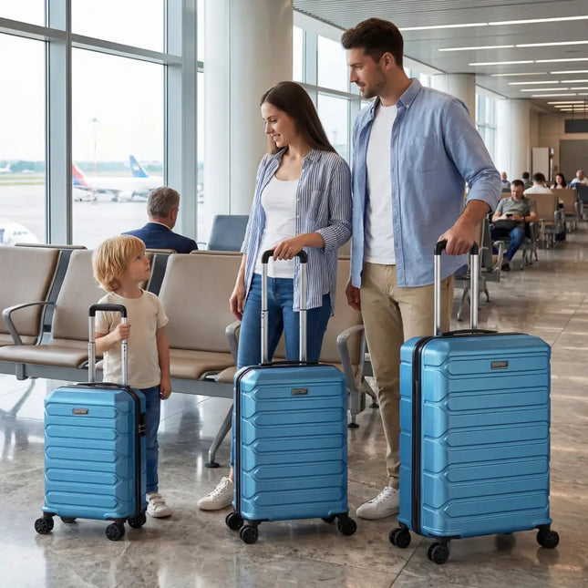 3-Piece Hardside Luggage Set Lightweight Hardside Suitcases with 8-Spinner Wheels-Blue - Blue - Camping