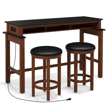 3-Piece Home Bar Set with 2 Upholstered Bar Stools  Outlets and USB Ports-Black Costway