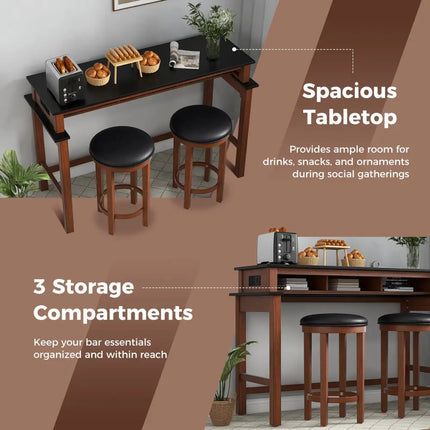 3-Piece Home Bar Set with 2 Upholstered Bar Stools  Outlets and USB Ports-Black Costway
