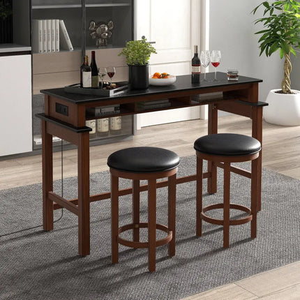 3-Piece Home Bar Set with 2 Upholstered Bar Stools  Outlets and USB Ports-Black Costway