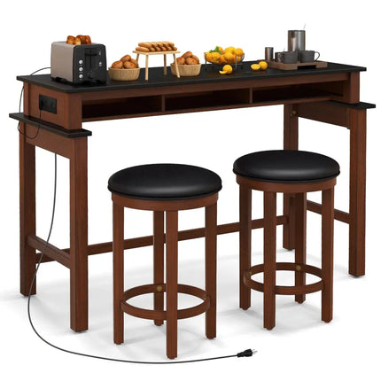 3-Piece Home Bar Set with 2 Upholstered Bar Stools  Outlets and USB Ports-Black Costway