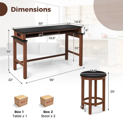 3-Piece Home Bar Set with 2 Upholstered Bar Stools  Outlets and USB Ports-Black Costway