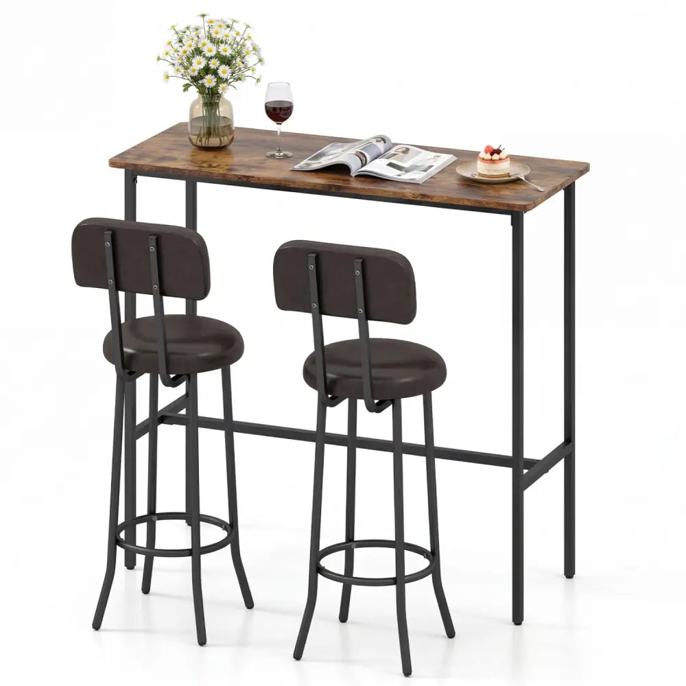 3-Piece Industrial Bar Table Set with 2 Upholstered Stools and Footrests for Dining Room-Rustic Brown - Rustic Brown