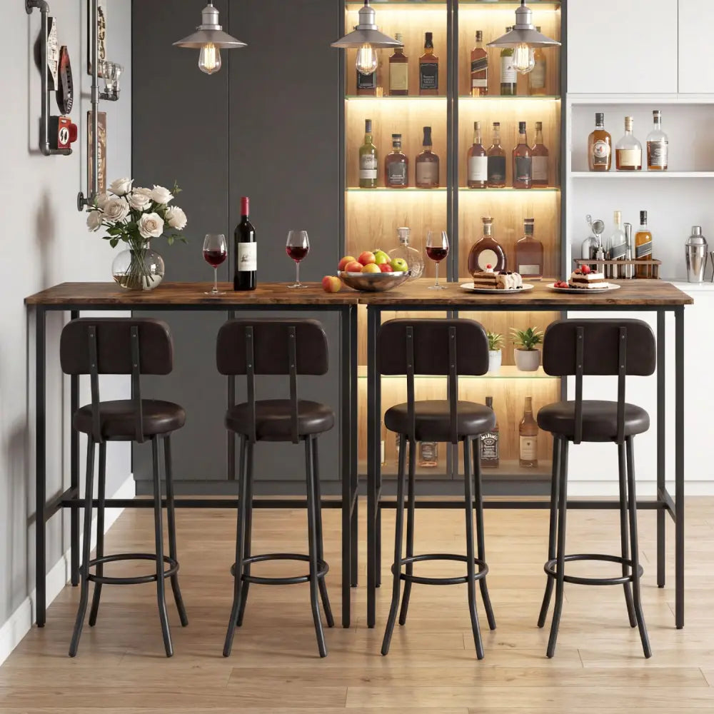 3-Piece Industrial Bar Table Set with 2 Upholstered Stools and Footrests for Dining Room-Rustic Brown - Rustic Brown