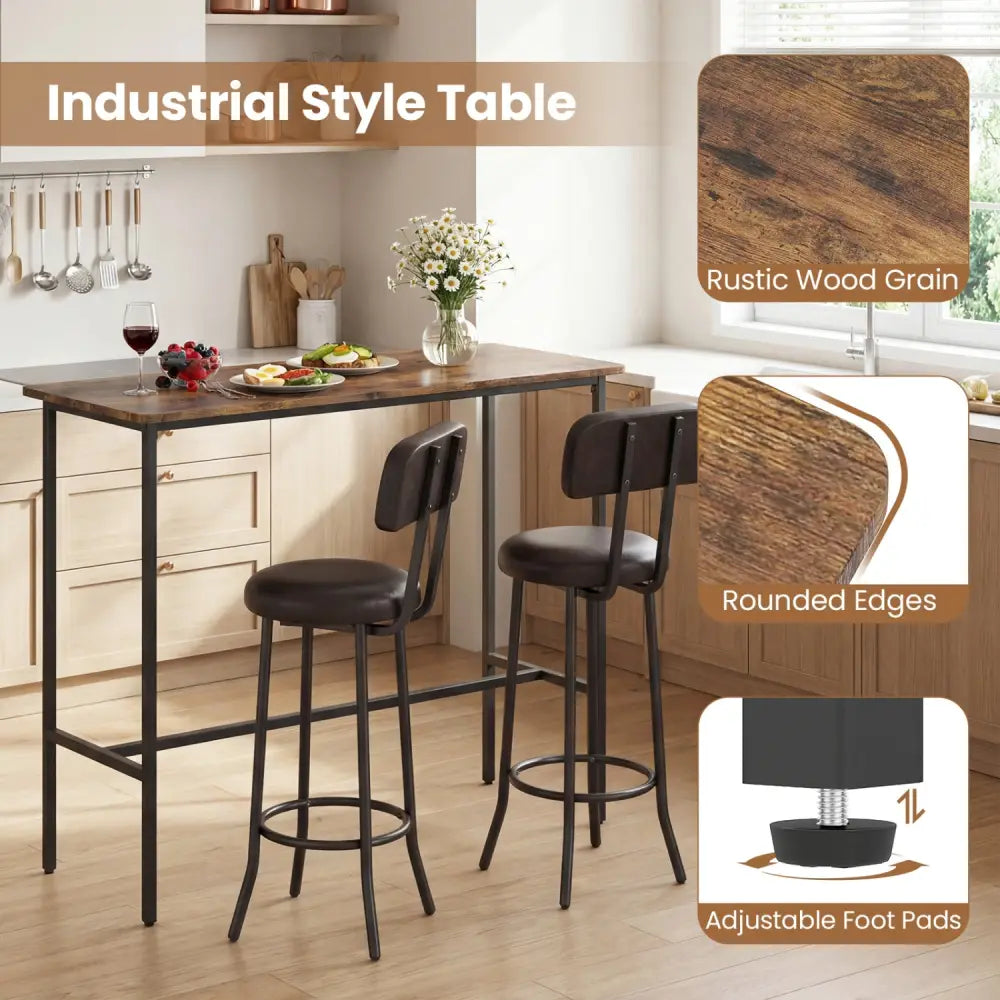 3-Piece Industrial Bar Table Set with 2 Upholstered Stools and Footrests for Dining Room-Rustic Brown - Rustic Brown