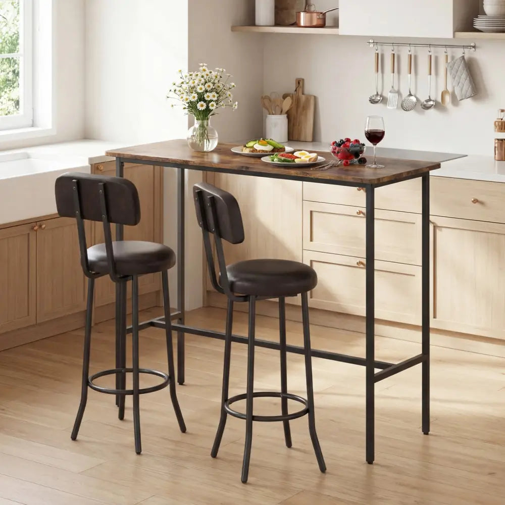 3-Piece Industrial Bar Table Set with 2 Upholstered Stools and Footrests for Dining Room-Rustic Brown - Rustic Brown
