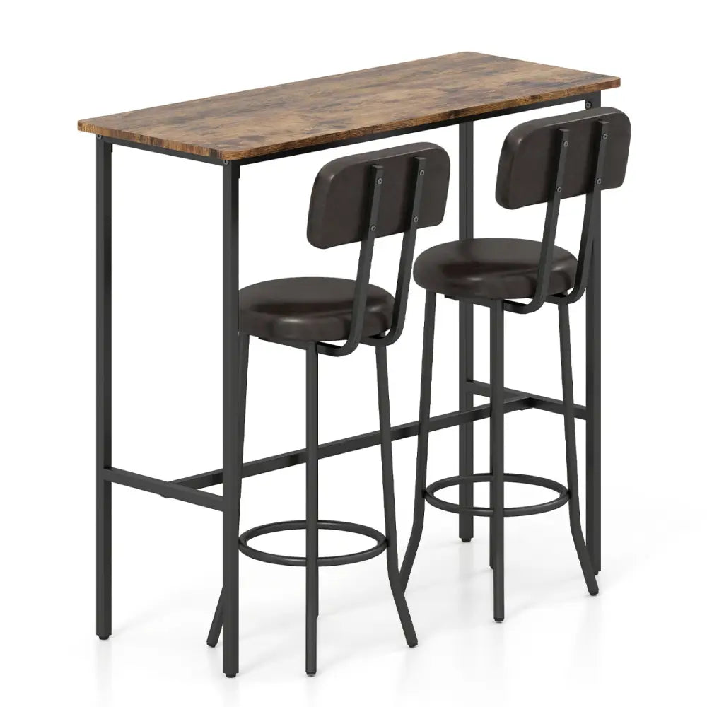 3-Piece Industrial Bar Table Set with 2 Upholstered Stools and Footrests for Dining Room-Rustic Brown - Rustic Brown