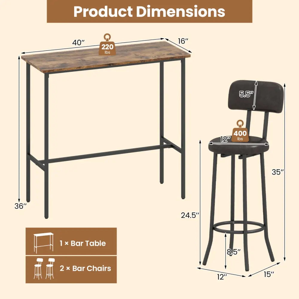 3-Piece Industrial Bar Table Set with 2 Upholstered Stools and Footrests for Dining Room-Rustic Brown - Rustic Brown