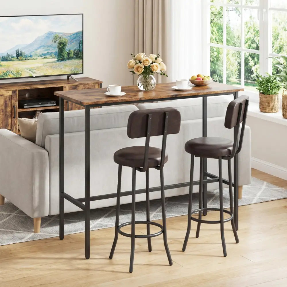 3-Piece Industrial Bar Table Set with 2 Upholstered Stools and Footrests for Dining Room-Rustic Brown - Rustic Brown