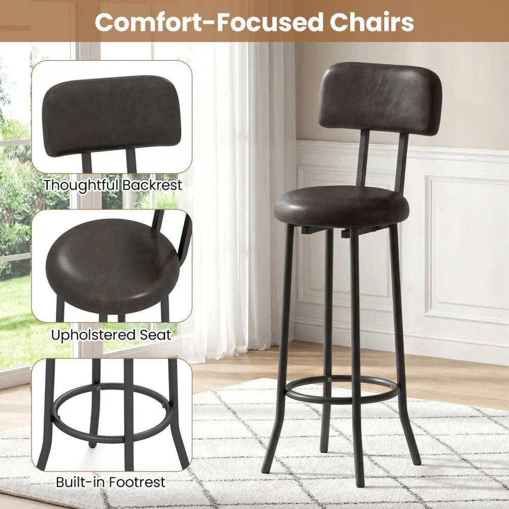 3-Piece Industrial Bar Table Set with 2 Upholstered Stools and Footrests for Dining Room-Rustic Brown - Rustic Brown