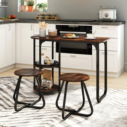 3-Piece Industrial Dining Table Set for Small Space-Rustic Brown Costway