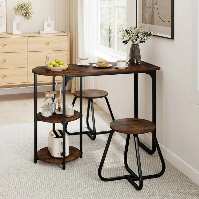 3-Piece Industrial Dining Table Set for Small Space-Rustic Brown Costway