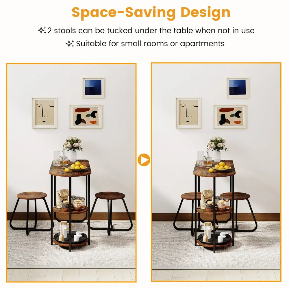 3-Piece Industrial Dining Table Set for Small Space-Rustic Brown - Rustic Brown - Dining Room Sets