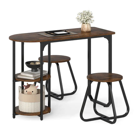 3-Piece Industrial Dining Table Set for Small Space-Rustic Brown Costway