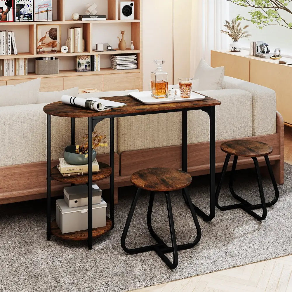 3-Piece Industrial Dining Table Set for Small Space-Rustic Brown - Rustic Brown - Dining Room Sets