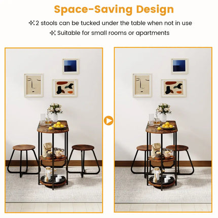 3-Piece Industrial Dining Table Set for Small Space-Rustic Brown Costway
