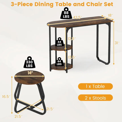 3-Piece Industrial Dining Table Set for Small Space-Rustic Brown Costway