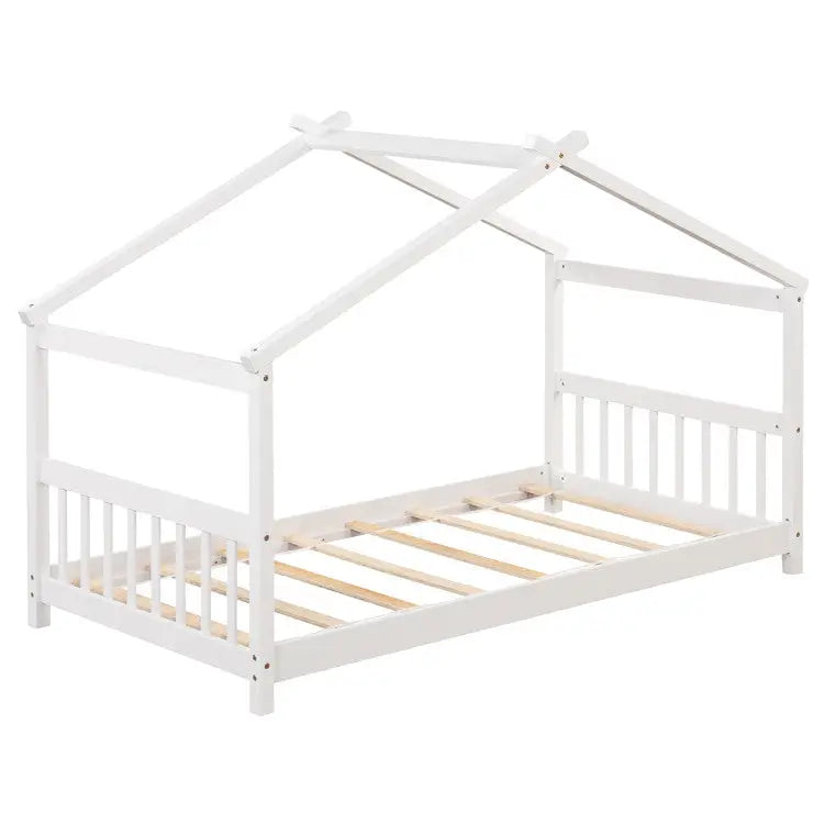 3-Piece Kid€™s Room Bundle: Twin Size Wooden House Bed + Kid’s Table and Chairs Set + Kids 2-Shelf Bookcase - Toddler &