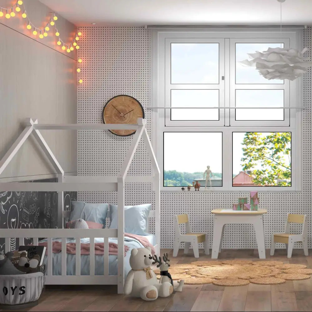3-Piece Kid€™s Room Bundle: Twin Size Wooden House Bed + Kid’s Table and Chairs Set + Kids 2-Shelf Bookcase - Toddler &
