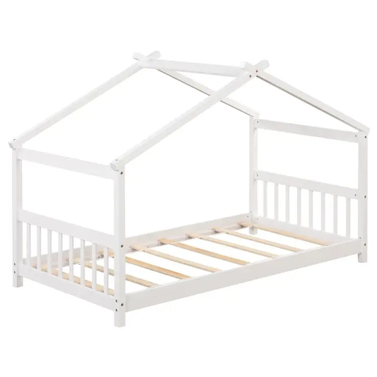 3-Piece Kid€™s Room Bundle: Twin Size Wooden House Bed + Kid’s Table and Chairs Set + Kids 2-Shelf Bookcase - Toddler &