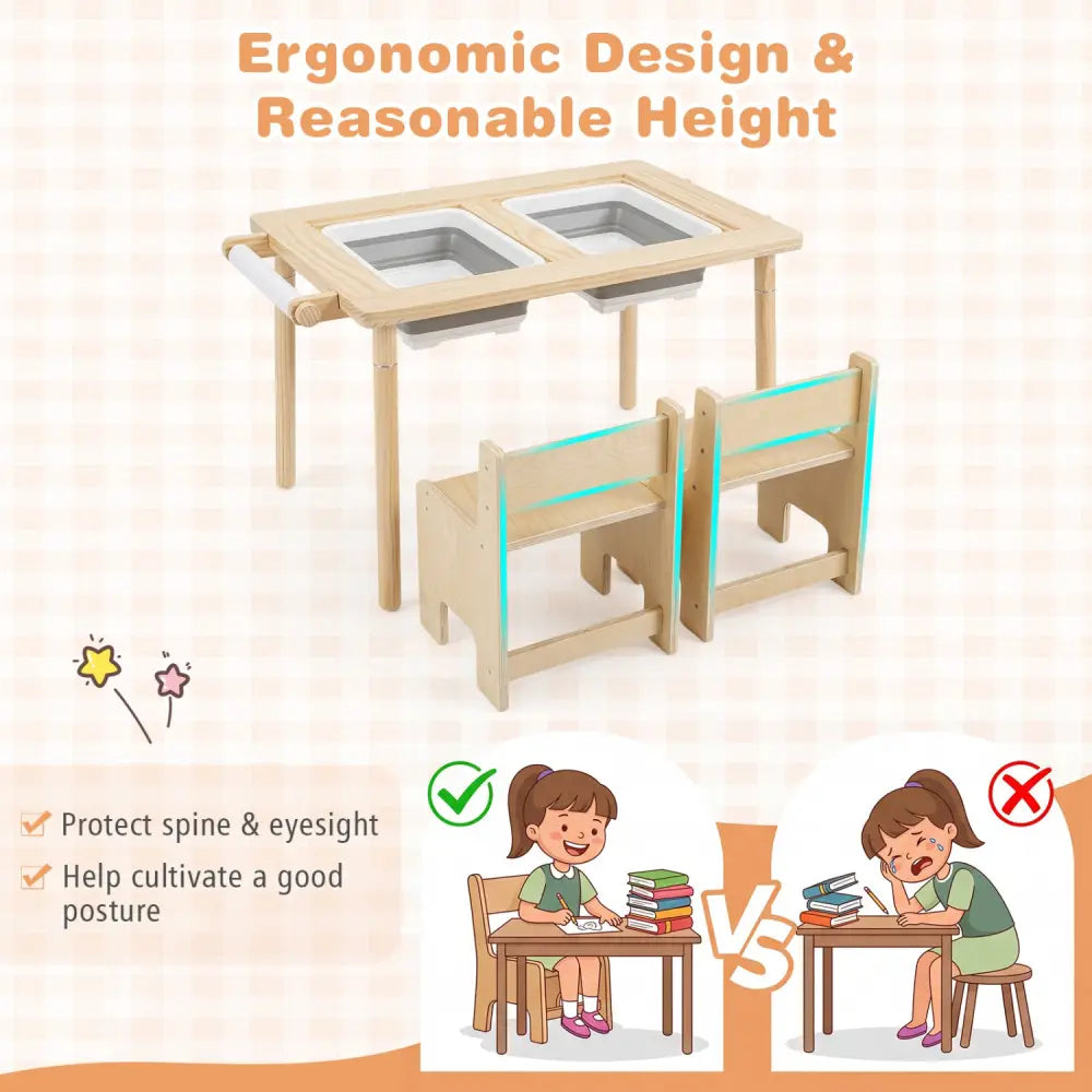 3-Piece Kids Activity Table and Chair Set with Adjustable Height-Natural - Natural - Kids Table & Chair Sets