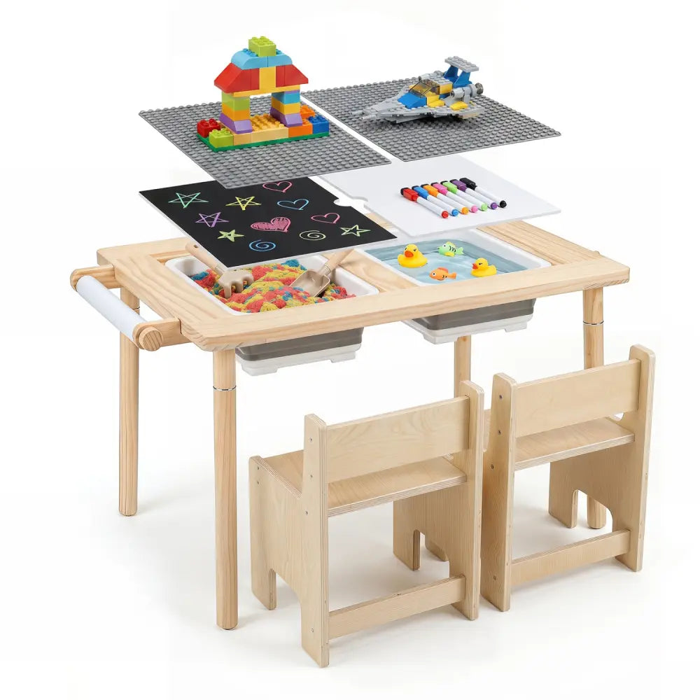 3-Piece Kids Activity Table and Chair Set with Adjustable Height-Natural - Natural - Kids Table & Chair Sets