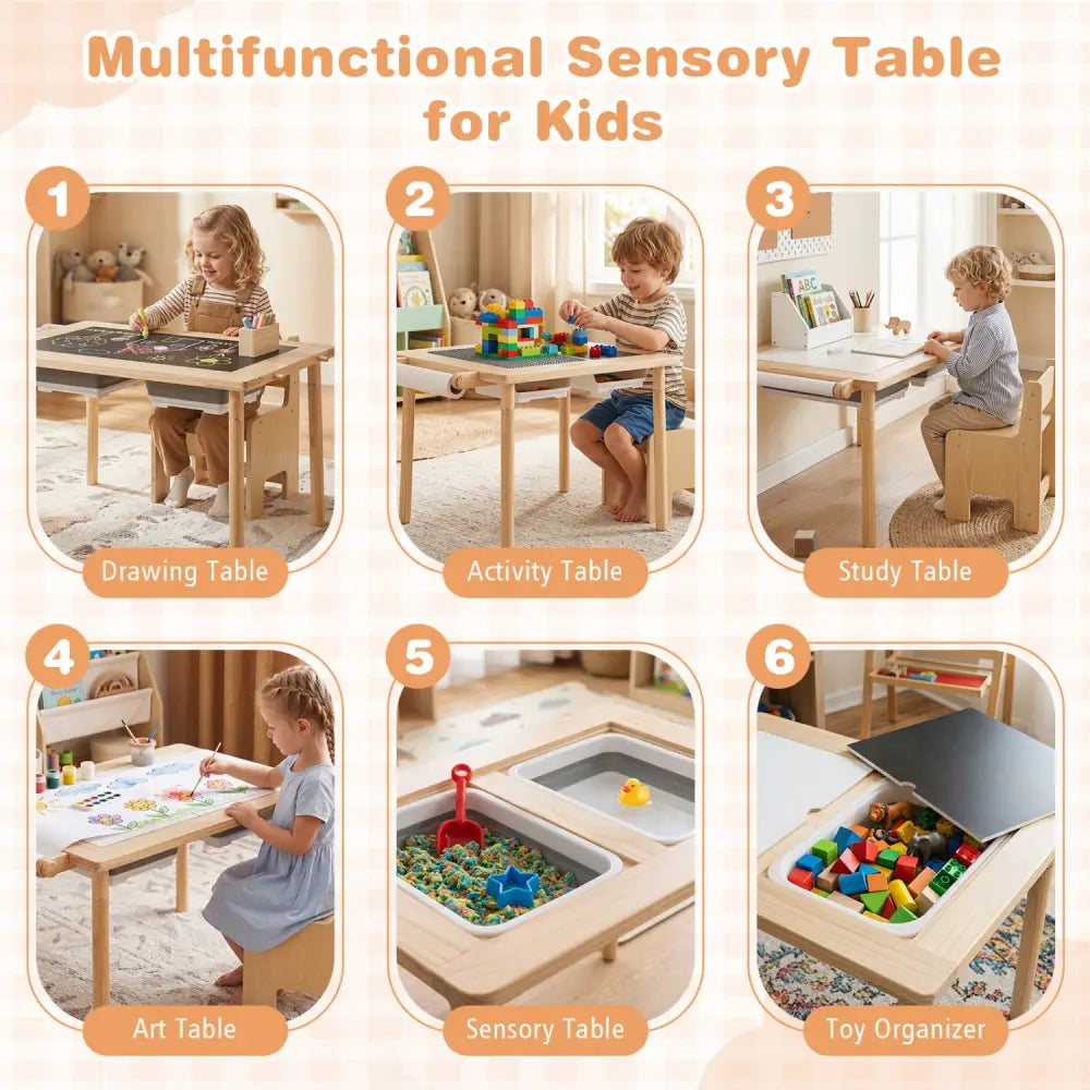 3-Piece Kids Activity Table and Chair Set with Adjustable Height-Natural - Natural - Kids Table & Chair Sets