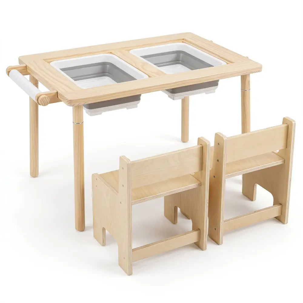 3-Piece Kids Activity Table and Chair Set with Adjustable Height-Natural - Natural - Kids Table & Chair Sets