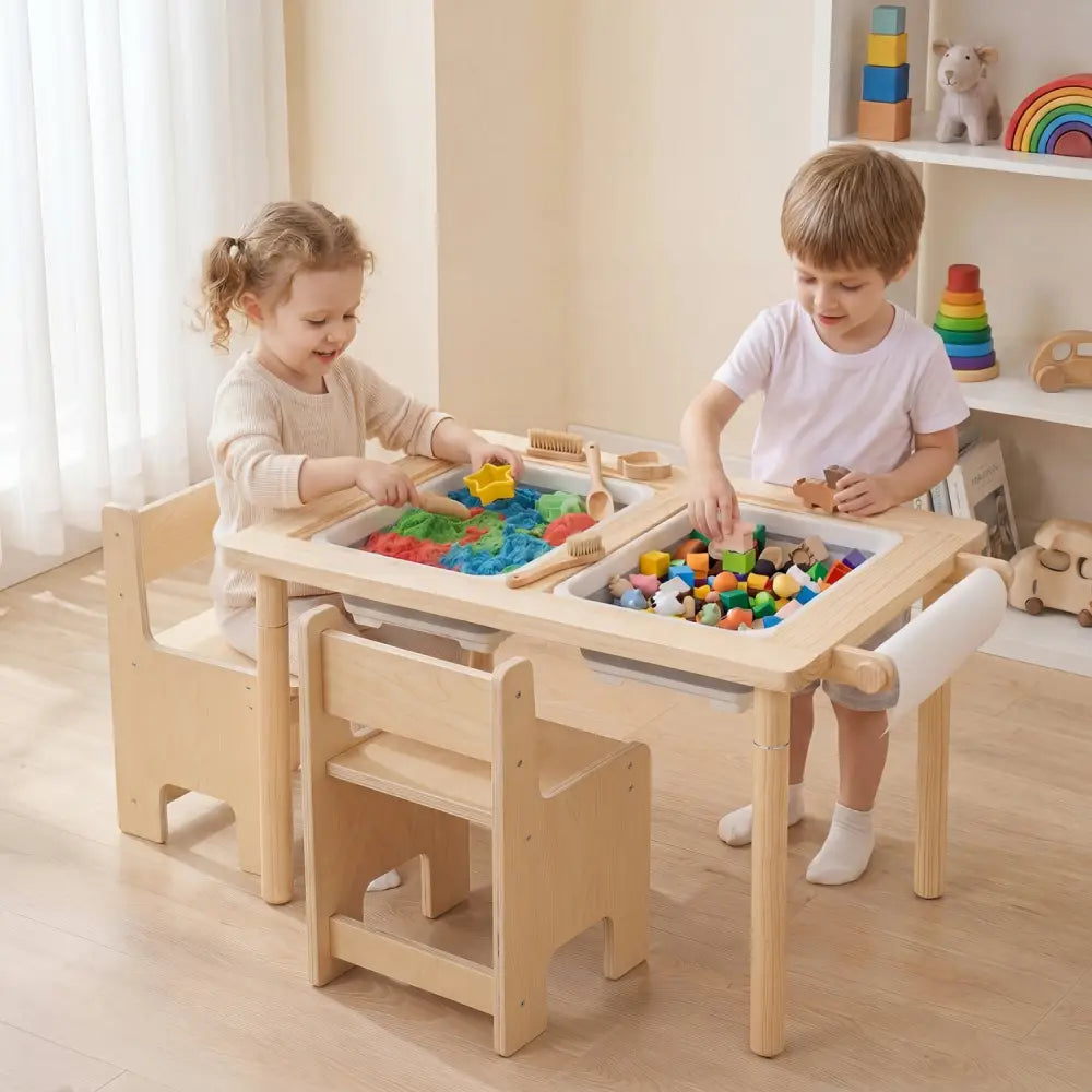 3-Piece Kids Activity Table and Chair Set with Adjustable Height-Natural - Natural - Kids Table & Chair Sets