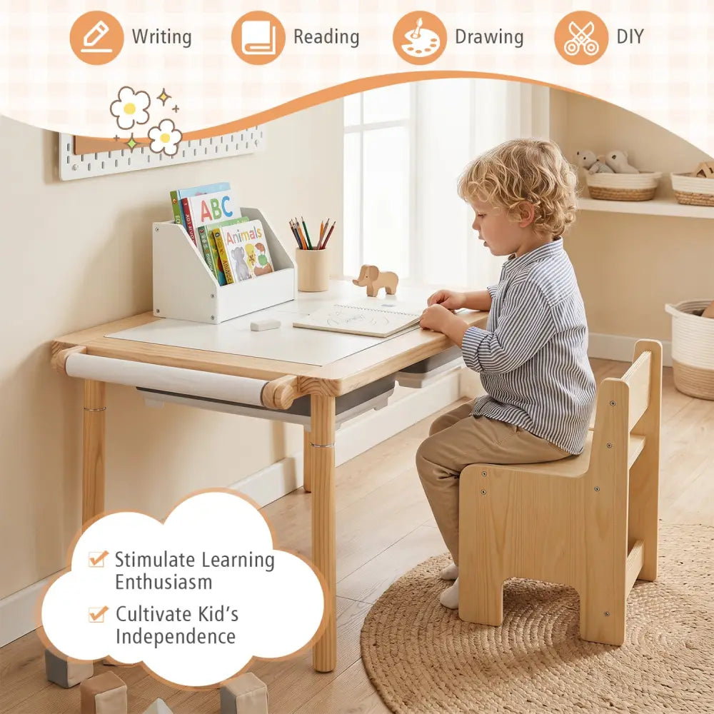 3-Piece Kids Activity Table and Chair Set with Adjustable Height-Natural - Natural - Kids Table & Chair Sets