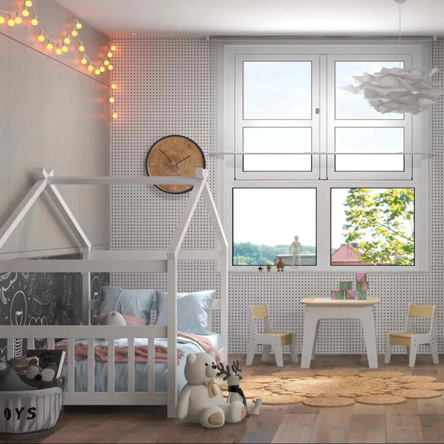 3-Piece Kids Room Bundle: Twin Size Wooden House Bed + Kid’s Table and Chairs Set + Kids 2-Shelf Bookcase - Toddler &