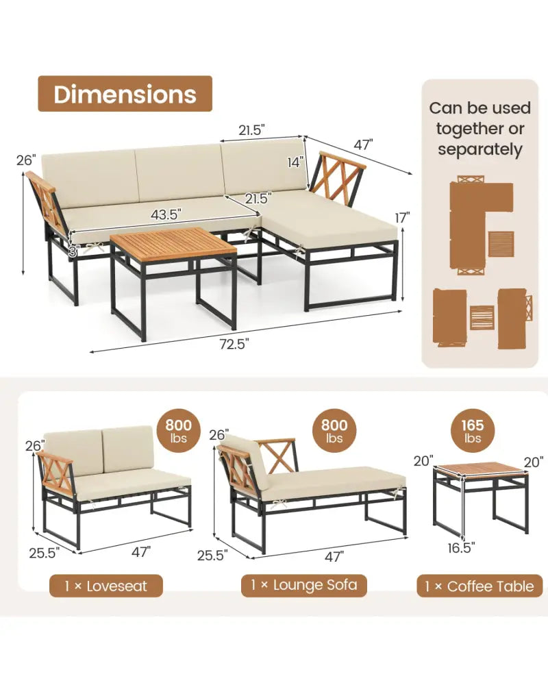 3-Piece L-Shaped Patio Furniture Set for Porch Backyard and Poolside-Beige - Beige - Patio Conversation Sets