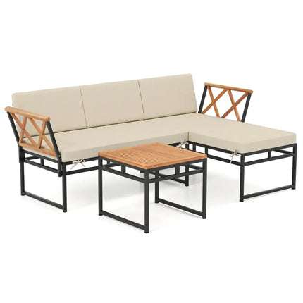 3-Piece L-Shaped Patio Furniture Set for Porch Backyard and Poolside-Beige - Beige - Patio Conversation Sets