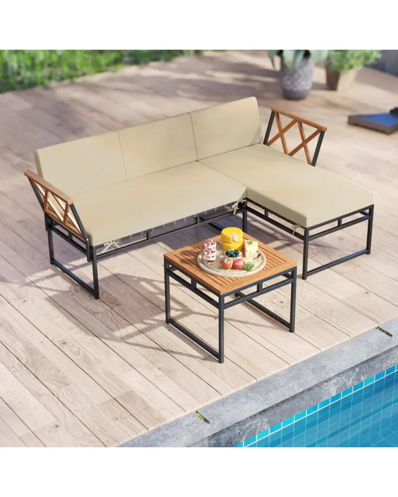 3-Piece L-Shaped Patio Furniture Set for Porch Backyard and Poolside-Beige - Beige - Patio Conversation Sets