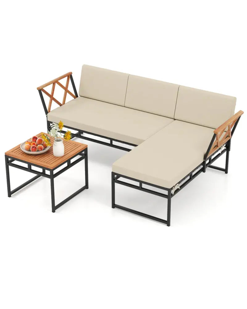 3-Piece L-Shaped Patio Furniture Set for Porch Backyard and Poolside-Beige - Beige - Patio Conversation Sets