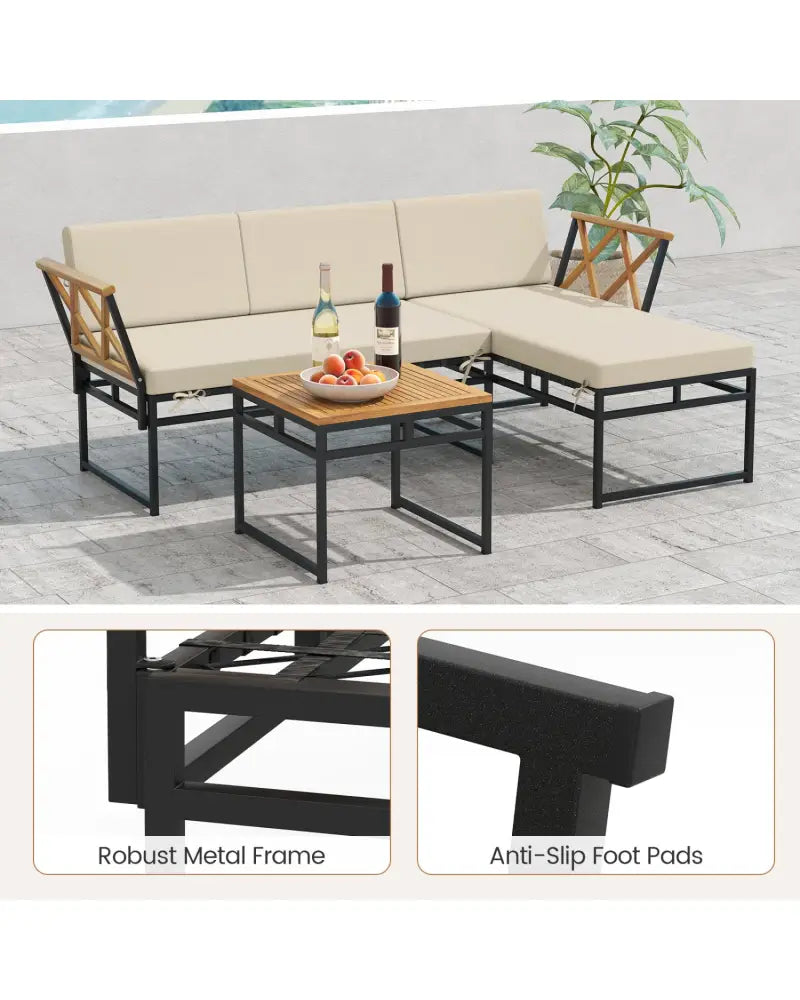 3-Piece L-Shaped Patio Furniture Set for Porch Backyard and Poolside-Beige - Beige - Patio Conversation Sets