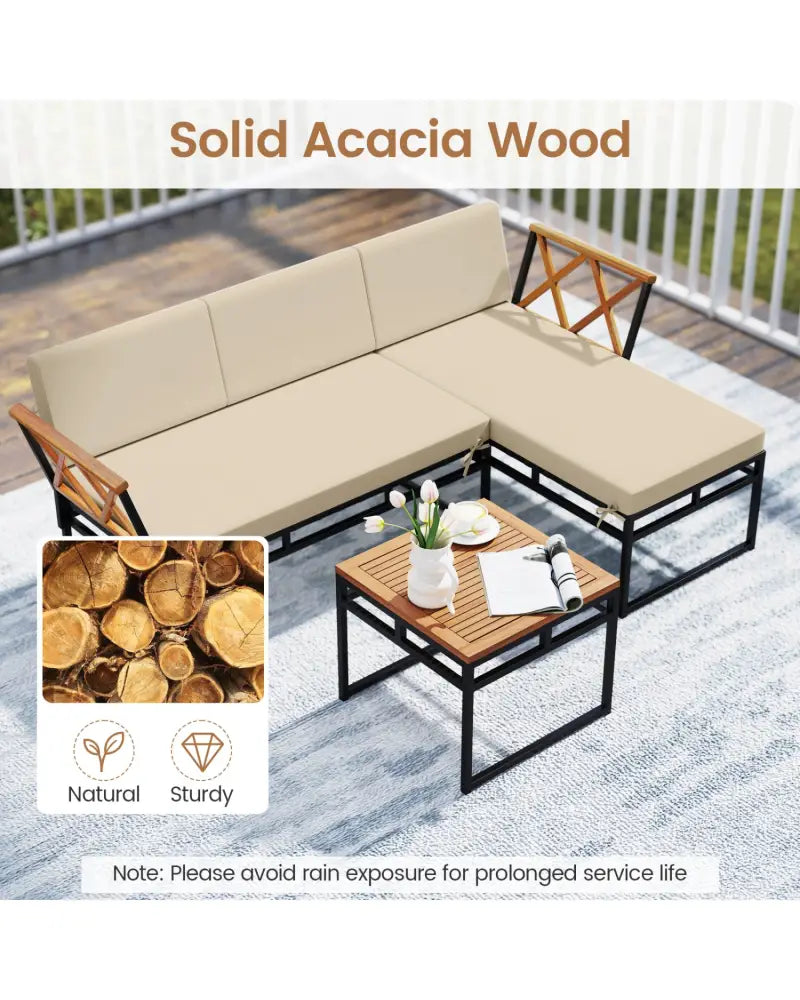 3-Piece L-Shaped Patio Furniture Set for Porch Backyard and Poolside-Beige - Beige - Patio Conversation Sets