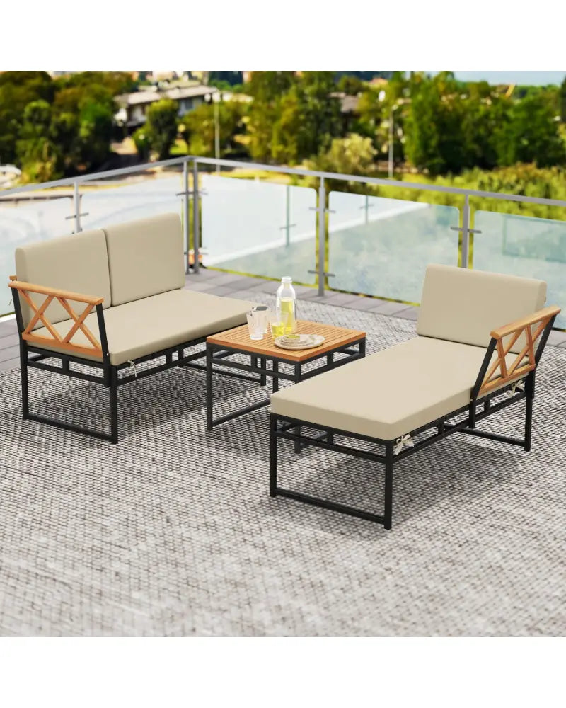 3-Piece L-Shaped Patio Furniture Set for Porch Backyard and Poolside-Beige - Beige - Patio Conversation Sets