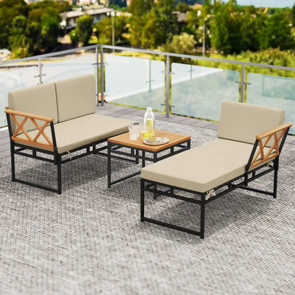 3-Piece L-Shaped Patio Furniture Set for Porch Backyard and Poolside-Beige - Beige - Patio Conversation Sets