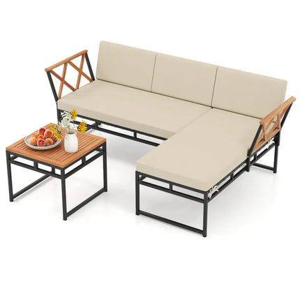 3-Piece L-Shaped Patio Furniture Set for Porch Backyard and Poolside-Beige - Beige - Patio Conversation Sets