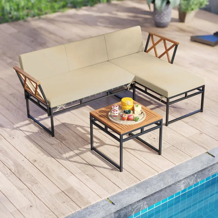 3-Piece L-Shaped Patio Furniture Set for Porch Backyard and Poolside-Beige - Beige - Patio Conversation Sets