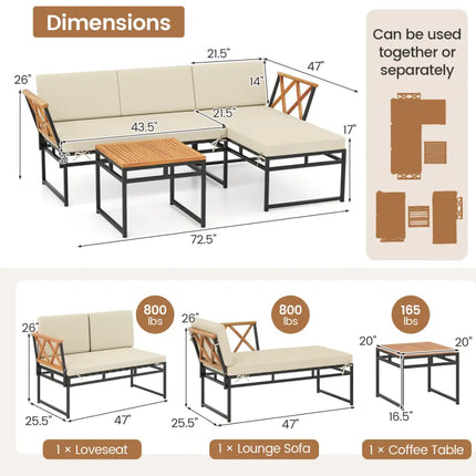 3-Piece L-Shaped Patio Furniture Set for Porch Backyard and Poolside-Beige - Beige - Patio Conversation Sets