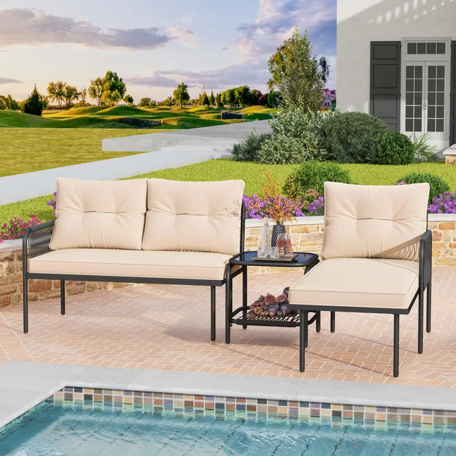 3-Piece L Shaped Patio Furniture Set PE Rattan Sectional Sofas-Beige - Beige - Patio Conversation Sets