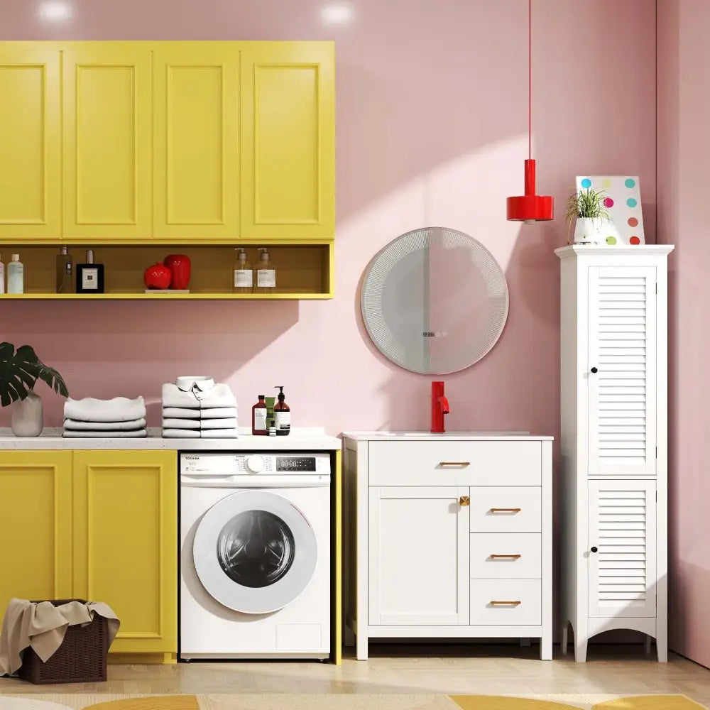3-Piece Laundry room Bundle: Single Bathroom Vanity + Tall Bathroom Floor Cabinet + 2.6 Cu.ft Compact Portable Clothes