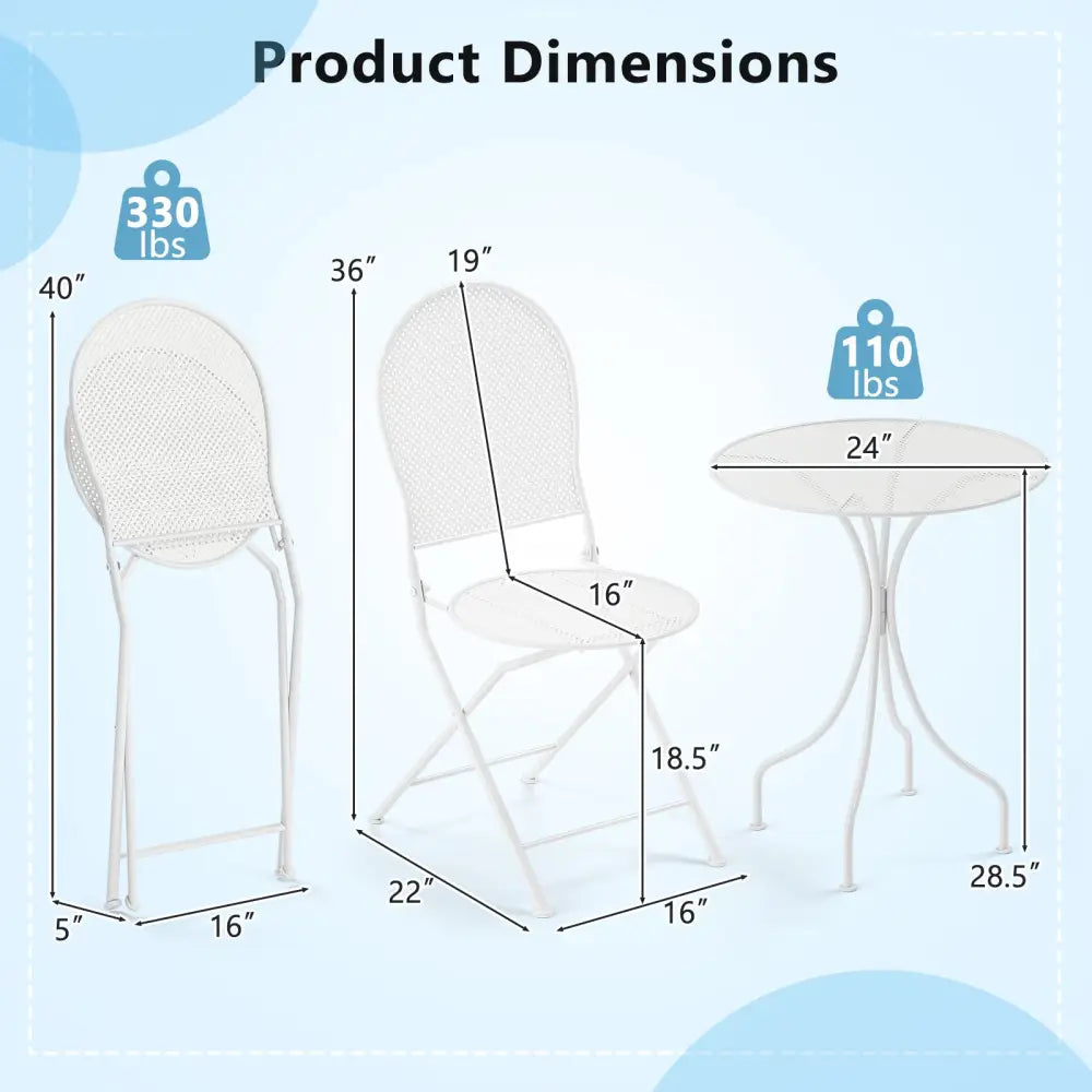 3 Piece Metal Bistro Patio Round Table and 2 Folding Chairs Set-White - White - Patio Dining Sets