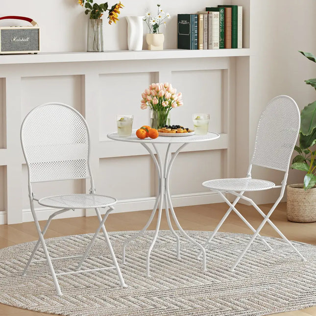3 Piece Metal Bistro Patio Round Table and 2 Folding Chairs Set-White - White - Patio Dining Sets