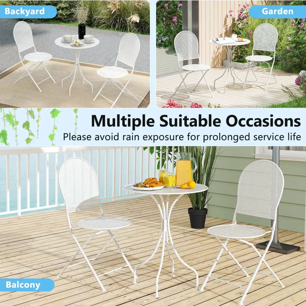 3 Piece Metal Bistro Patio Round Table and 2 Folding Chairs Set-White - White - Patio Dining Sets
