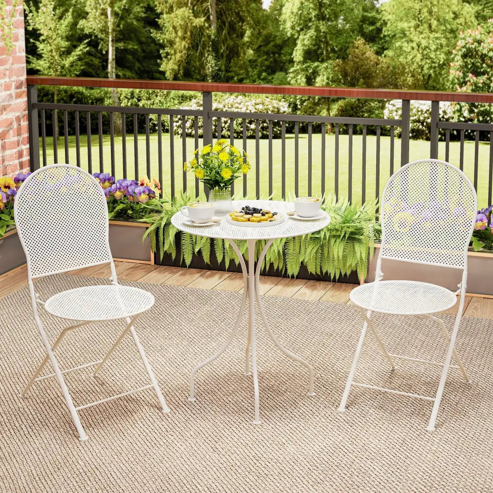3 Piece Metal Bistro Patio Round Table and 2 Folding Chairs Set-White - White - Patio Dining Sets